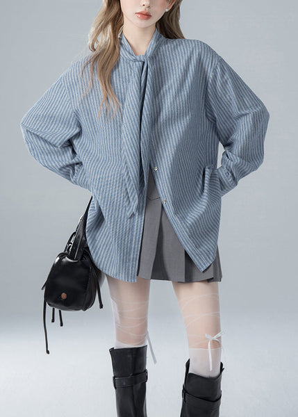 Striped Bow Blue Spring French Shirts Cotton FashionChic