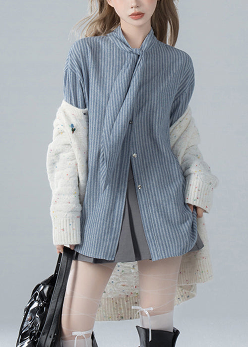 Striped Bow Blue Spring French Shirts Cotton FashionChic