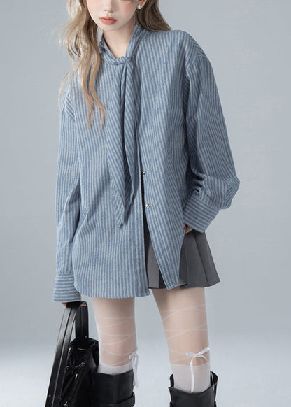 Striped Bow Blue Spring French Shirts Cotton FashionChic