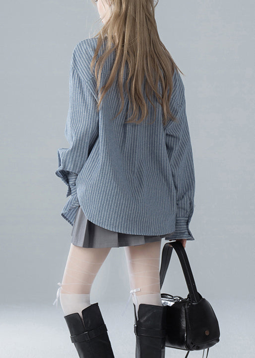 Striped Bow Blue Spring French Shirts Cotton FashionChic