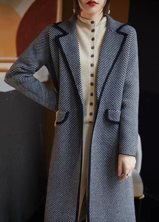 French Blue Striped Pockets Woolen Coats Fall AB1042 Genistyle Shop