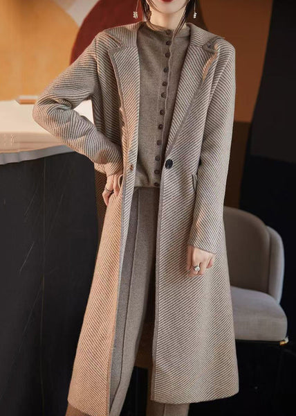 French Blue Striped Pockets Woolen Coats Fall AB1042 Genistyle Shop