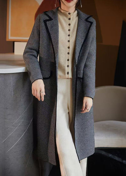 French Blue Striped Pockets Woolen Coats Fall AB1042 Genistyle Shop