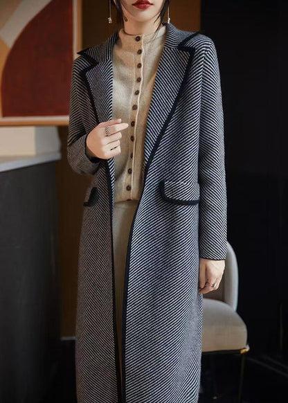 French Blue Striped Pockets Woolen Coats Fall AB1042 Genistyle Shop