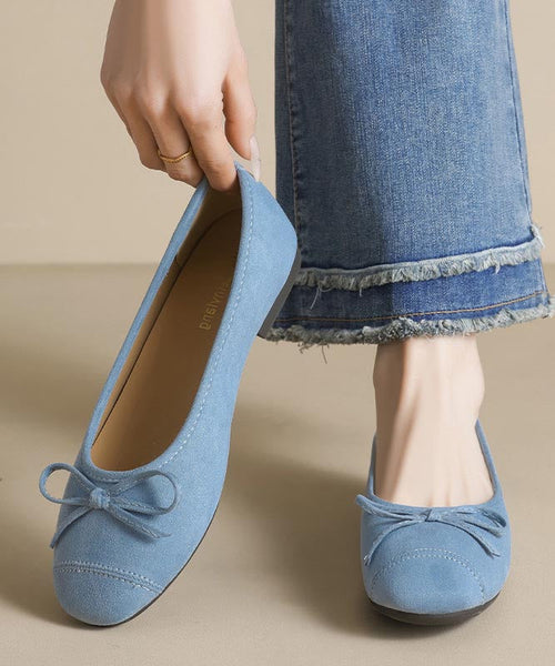 Splicing Loafers Suede Bow French Blue Comfy Penny FashionChic