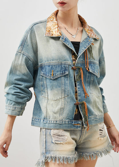 French Blue Tasseled Patchwork Denim Jacket Spring YU1062 Ada Fashion