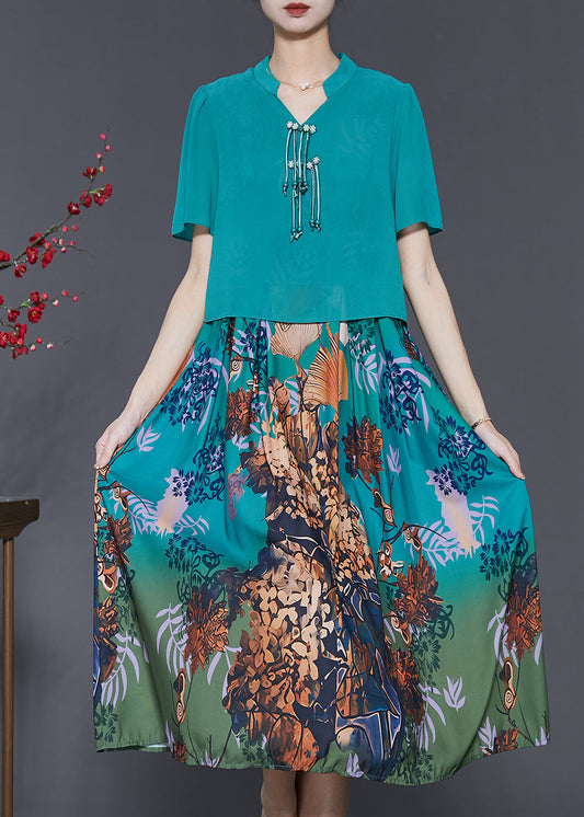 French Blue Tasseled Patchwork Silk Dresses Summer SD1056 Ada Fashion