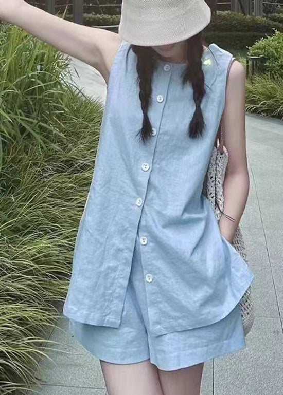 French Blue Tops And Shorts Linen Two Piece Set Summer QK026 BB-TPIEC241022