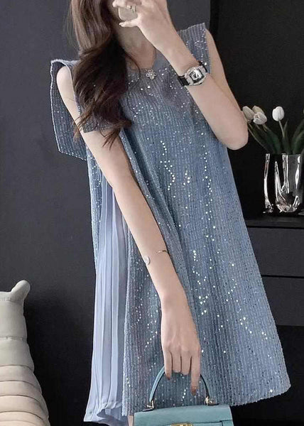 French Blue Tulle Patchwork Sequins Mid Dress Summer UU1056 SH-LF-SDM240526