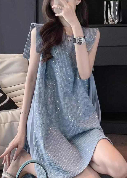 French Blue Tulle Patchwork Sequins Mid Dress Summer UU1056 SH-LF-SDM240526