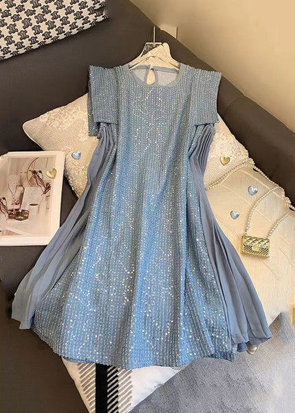 French Blue Tulle Patchwork Sequins Mid Dress Summer UU1056 SH-LF-SDM240526