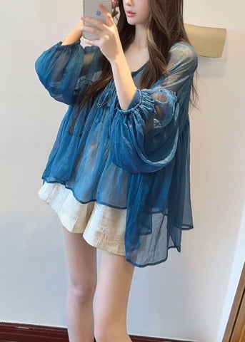 Flare Neck Chiffon French Up V Lace Blue Top Sleeve FashionChic