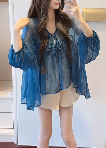 Flare Neck Chiffon French Up V Lace Blue Top Sleeve FashionChic