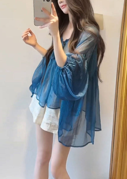 Flare Neck Chiffon French Up V Lace Blue Top Sleeve FashionChic