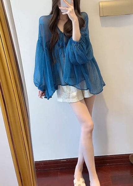 Flare Neck Chiffon French Up V Lace Blue Top Sleeve FashionChic