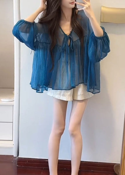 Flare Neck Chiffon French Up V Lace Blue Top Sleeve FashionChic