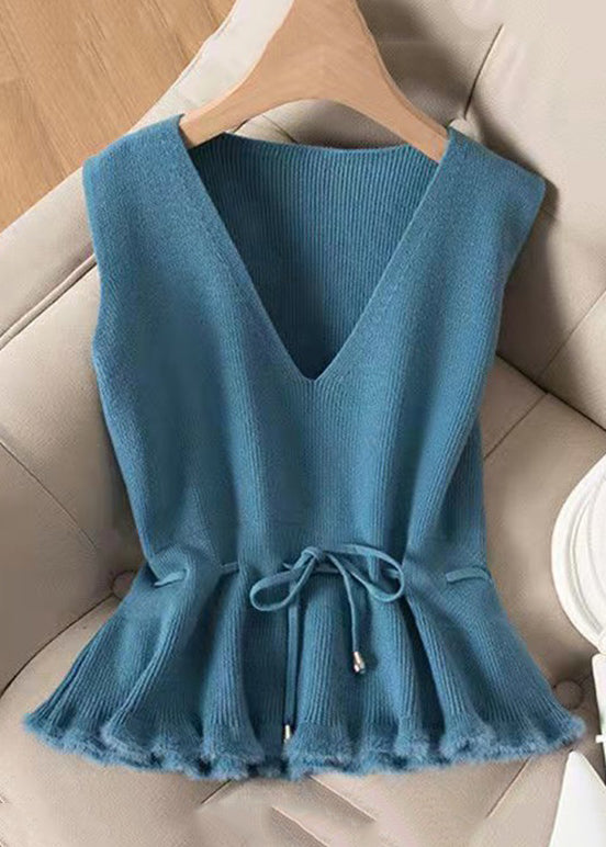 French Blue V Neck Lace Up Knit Vest Sleeveless Ada Fashion