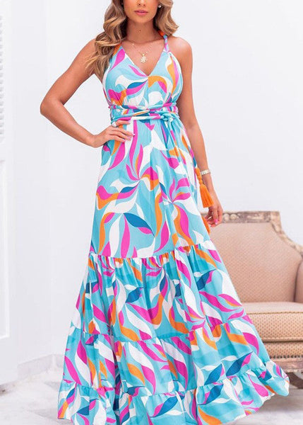 French Blue V Neck Print Cotton Spaghetti Strap Dresss Sleeveless FF076 SH-LF-SDL240603