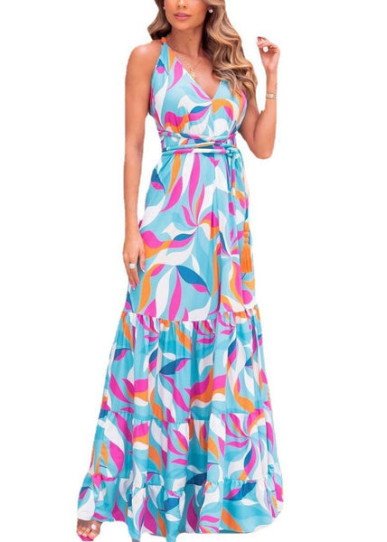 French Blue V Neck Print Cotton Spaghetti Strap Dresss Sleeveless FF076 SH-LF-SDL240603