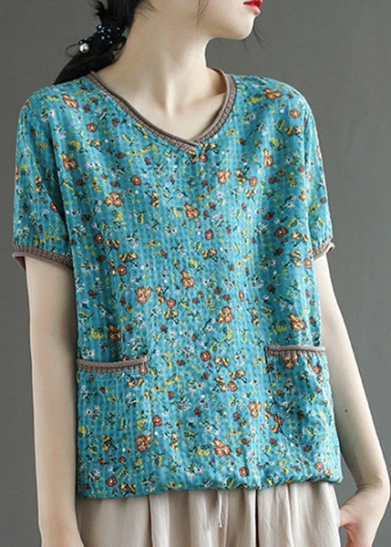 French Blue V Neck Print T Shirts Summer UU021 OM-MM240820