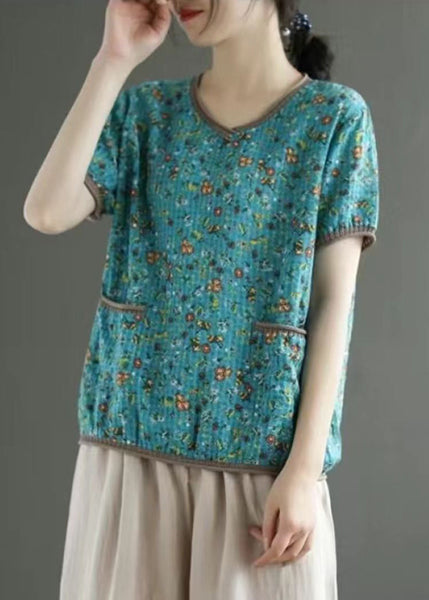 French Blue V Neck Print T Shirts Summer UU021 OM-MM240820