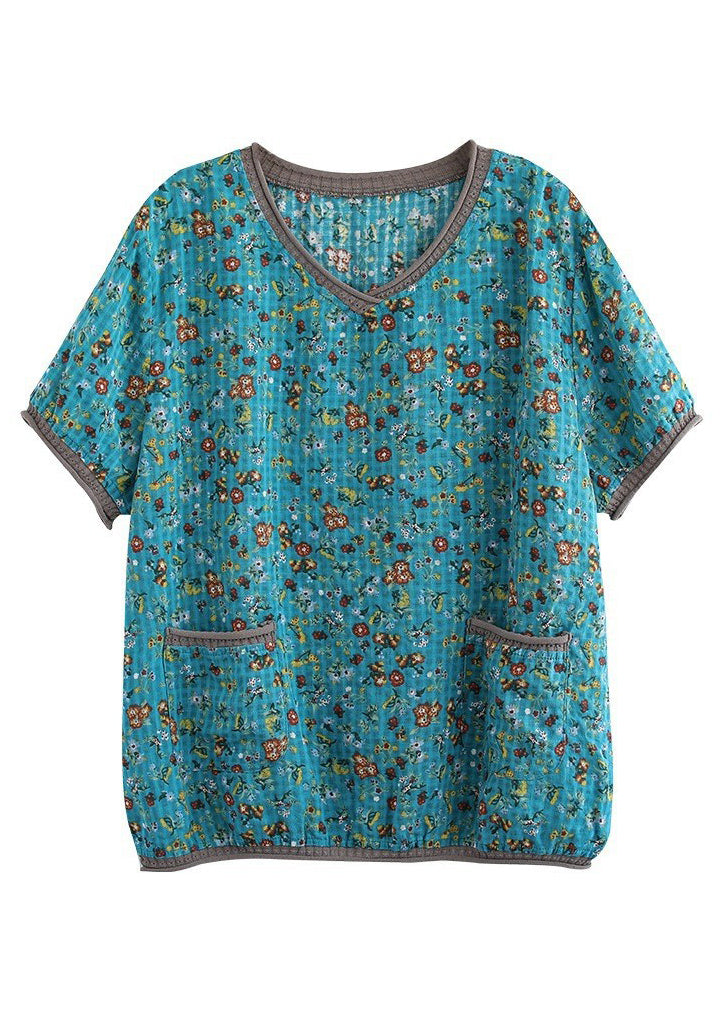 French Blue V Neck Print T Shirts Summer UU021 OM-MM240820