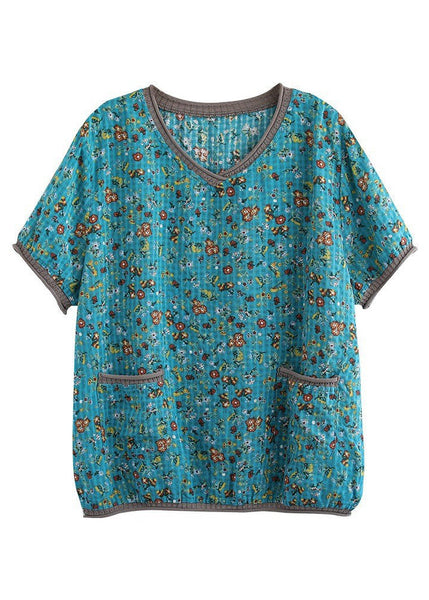 French Blue V Neck Print T Shirts Summer UU021 OM-MM240820