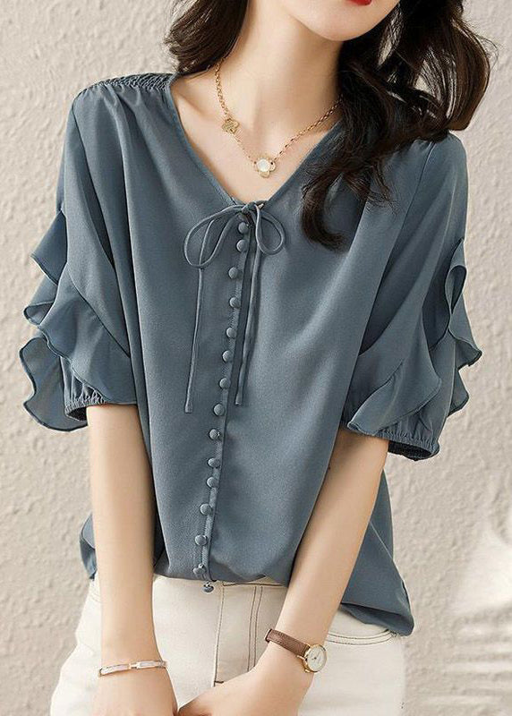 French Blue V Neck Ruffled Patchwork Shirts Short Sleeve TR022 MZF-STP240727