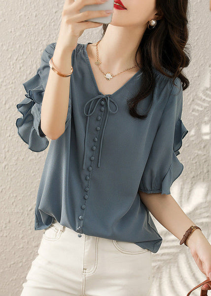 French Blue V Neck Ruffled Patchwork Shirts Short Sleeve TR022 MZF-STP240727