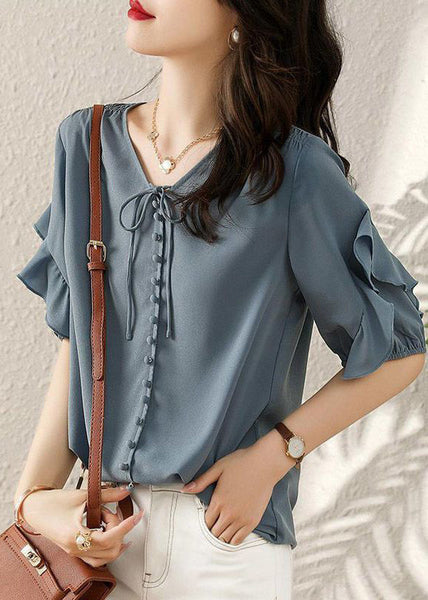 French Blue V Neck Ruffled Patchwork Shirts Short Sleeve TR022 MZF-STP240727