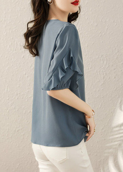 French Blue V Neck Ruffled Patchwork Shirts Short Sleeve TR022 MZF-STP240727