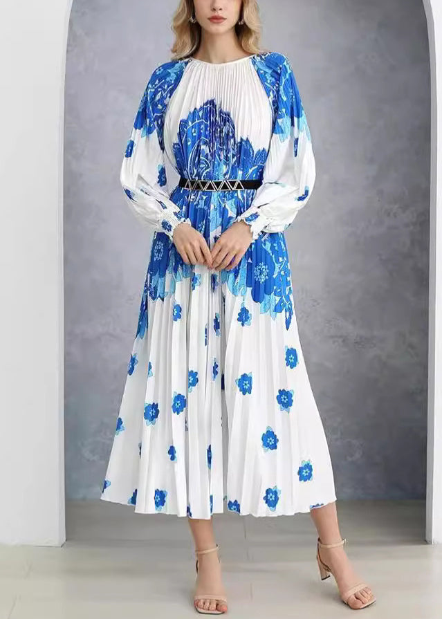 French Blue Wrinkled Print Cotton Long Dress  AU1020 OM-ZS240902