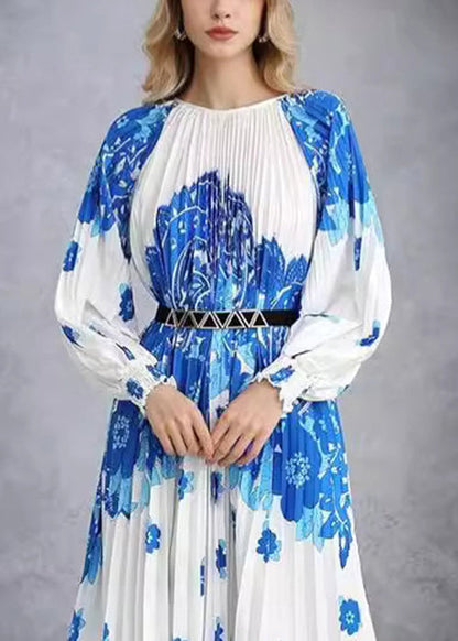 French Blue Wrinkled Print Cotton Long Dress  AU1020 OM-ZS240902