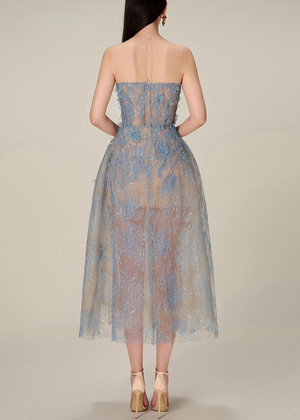 French Blue Zippered Lace Sequins Tulle Long Dress Sleeveless KK016 SH-LF-SDL240602