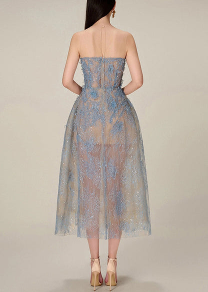 French Blue Zippered Lace Sequins Tulle Long Dress Sleeveless KK016 SH-LF-SDL240602