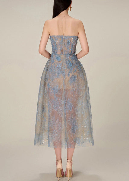 French Blue Zippered Lace Sequins Tulle Long Dress Sleeveless KK016 SH-LF-SDL240602