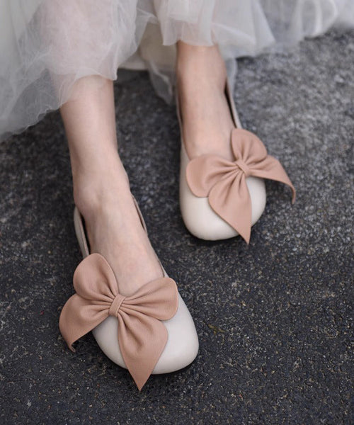 Faux Splicing Loafers French Beige Leather Bow Penny FashionChic