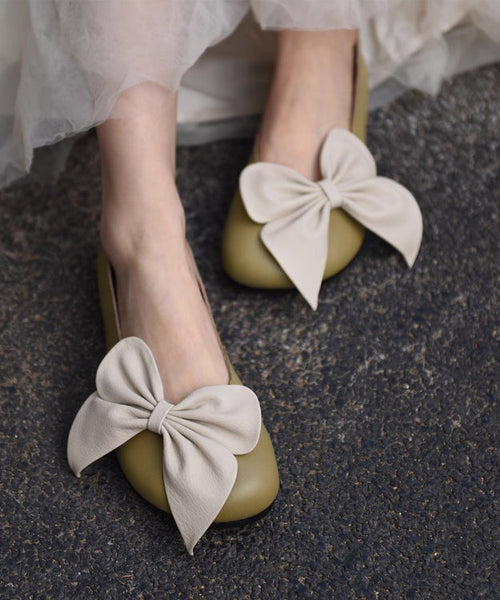 Faux Splicing Loafers French Beige Leather Bow Penny FashionChic