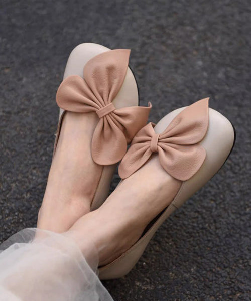 Faux Splicing Loafers French Beige Leather Bow Penny FashionChic