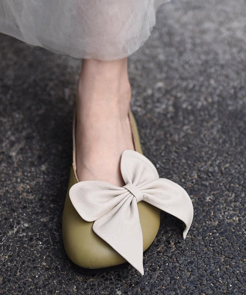 Faux Splicing Loafers French Beige Leather Bow Penny FashionChic