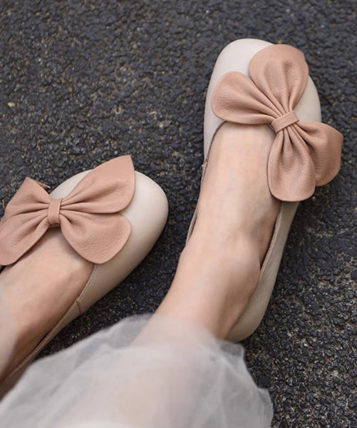 Faux Splicing Loafers French Beige Leather Bow Penny FashionChic