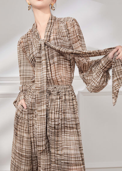 French Brown Bow Plaid Chiffon Two Piece Suit Set Fall WE020 HS-TPIEC241028