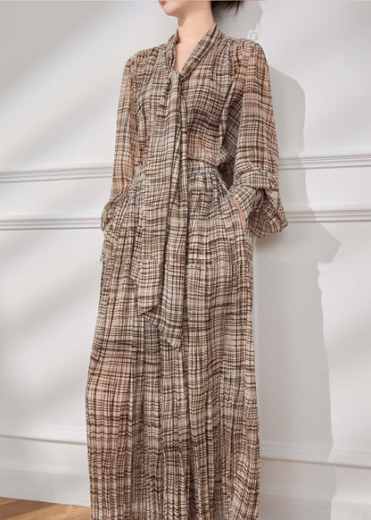 French Brown Bow Plaid Chiffon Two Piece Suit Set Fall WE020 HS-TPIEC241028