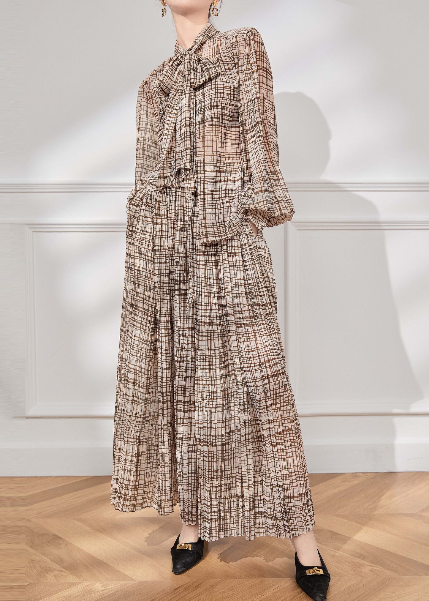 French Brown Bow Plaid Chiffon Two Piece Suit Set Fall WE020 HS-TPIEC241028