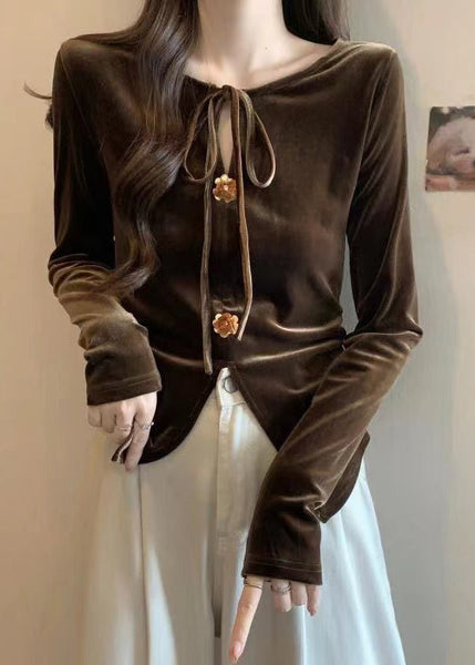 French Brown Lace Up Front Open Silk Velour Shirts Winter WK032 OM-SW241119