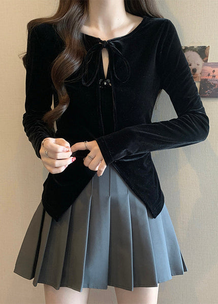 French Brown Lace Up Front Open Silk Velour Shirts Winter WK032 OM-SW241119