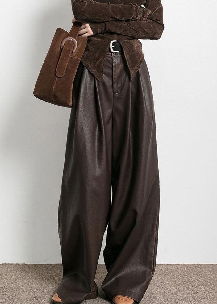 French Brown Pockets High Waist Faux Leather Pants Fall AW1013 OM-NZ240827