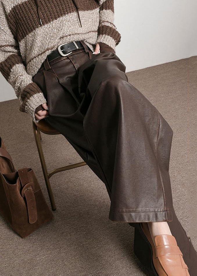 French Brown Pockets High Waist Faux Leather Pants Fall AW1013 OM-NZ240827