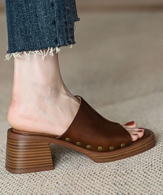 French Toe Peep Rivet Chunky Heel Splicing Sandals Brown Slide FashionChic