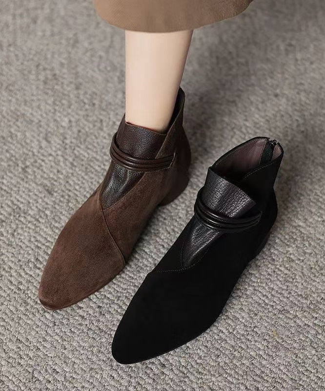 French Brown Suede Splicing Ankle Boots Pointed Toe TE023 ABC